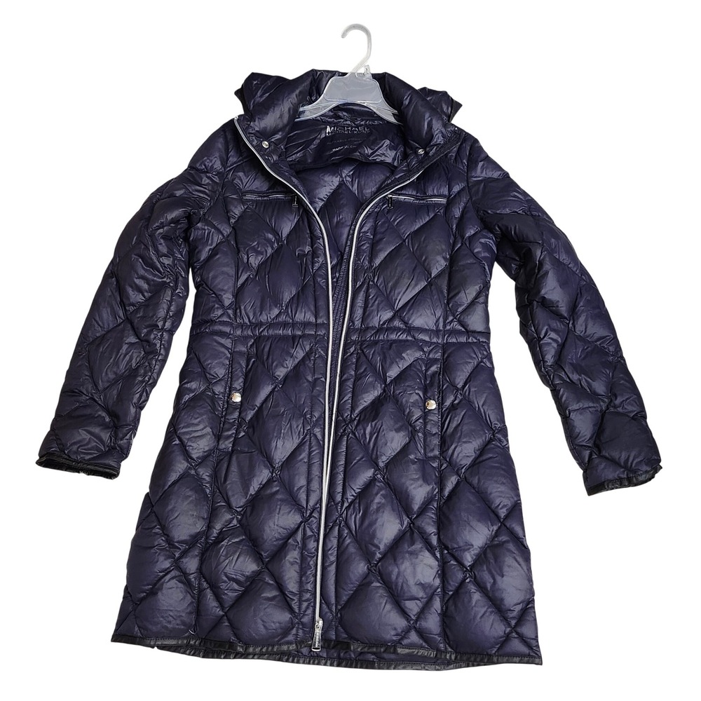 Michael Kors Packable Quilted Down Fill Hooded Long Puffer Coat Navy Blue Size M - Picture 11 of 11